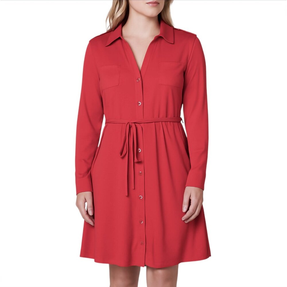 Womens Red Button Front Shirt Dress Belted Long Sleeve 1X Career Casual Stretchy - Picture 2 of 9